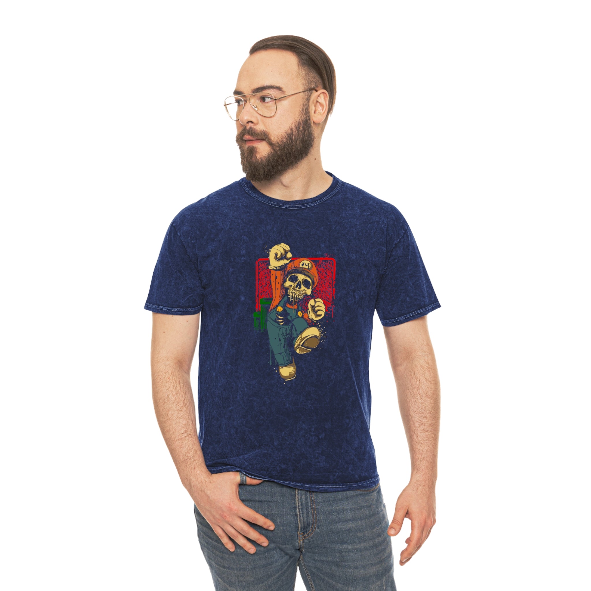 Skeleton Mario Mineral Wash T-Shirt - OtakuSuppliers Skeleton Mario Mineral Wash T-Shirt Mineral Navy / S