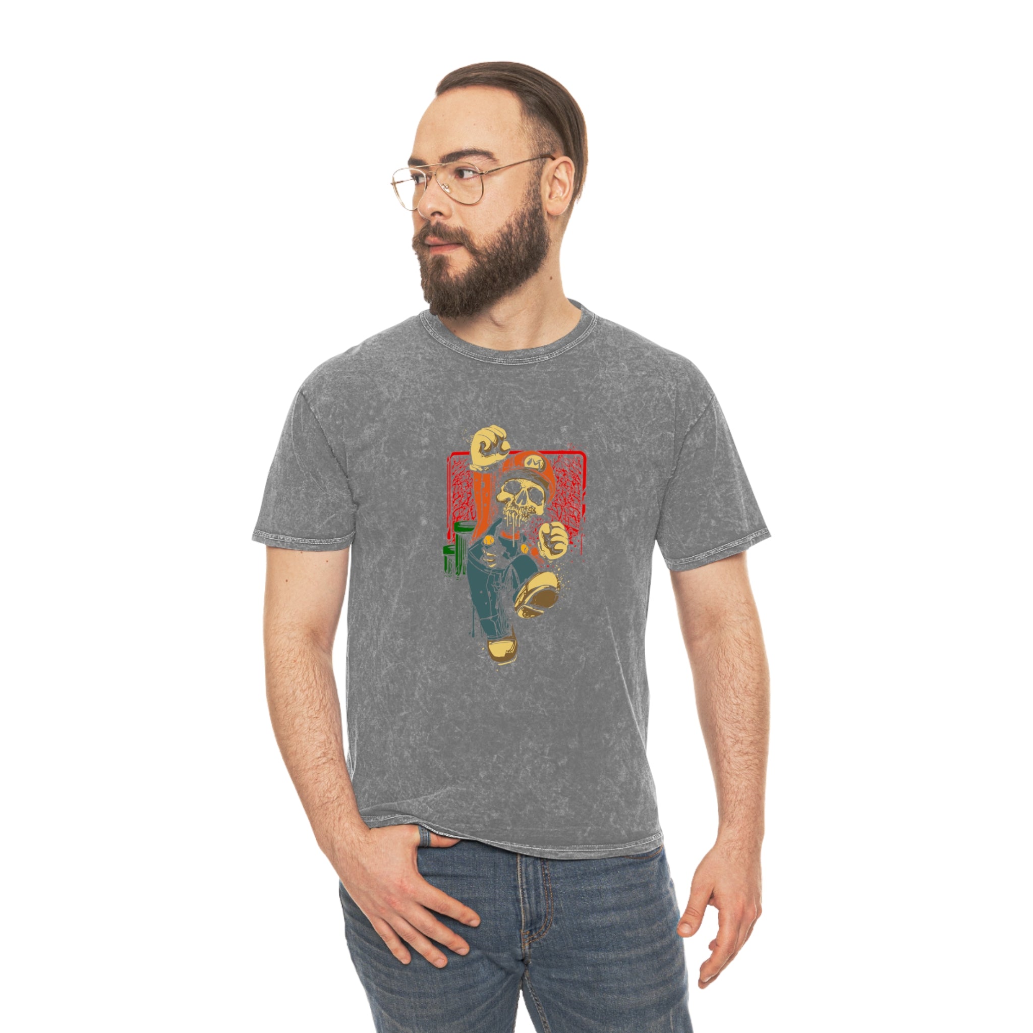 Skeleton Mario Mineral Wash T-Shirt - OtakuSuppliers Skeleton Mario Mineral Wash T-Shirt Mineral Grey / S